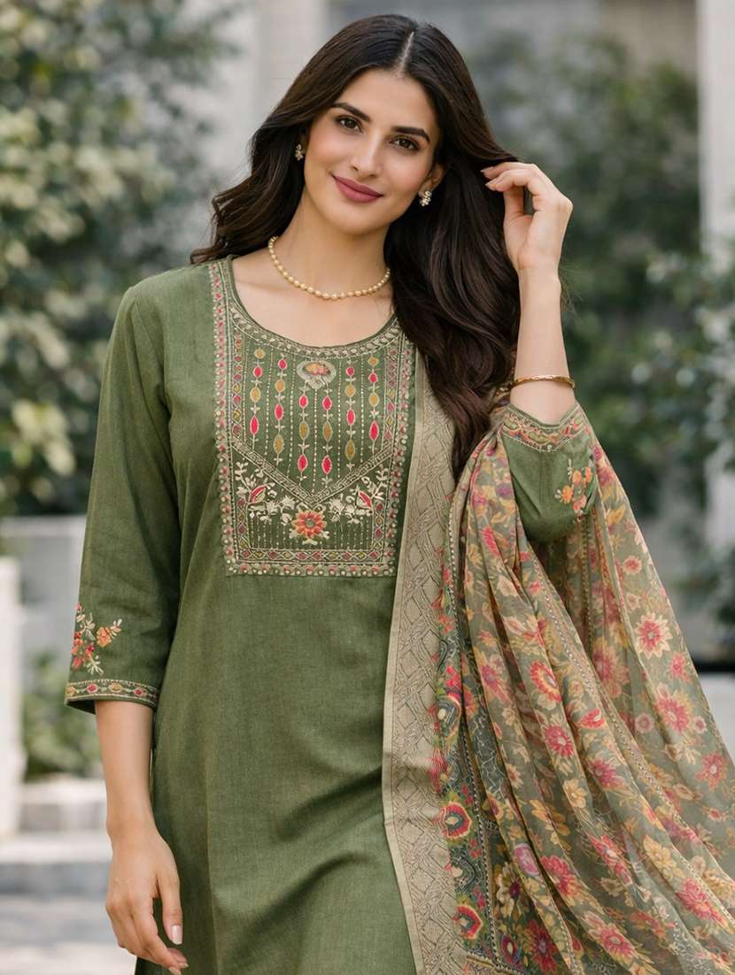 women solid with work three quarter sleeve kurta pant with dupatta set - 22357054 -  Standard Image - 4