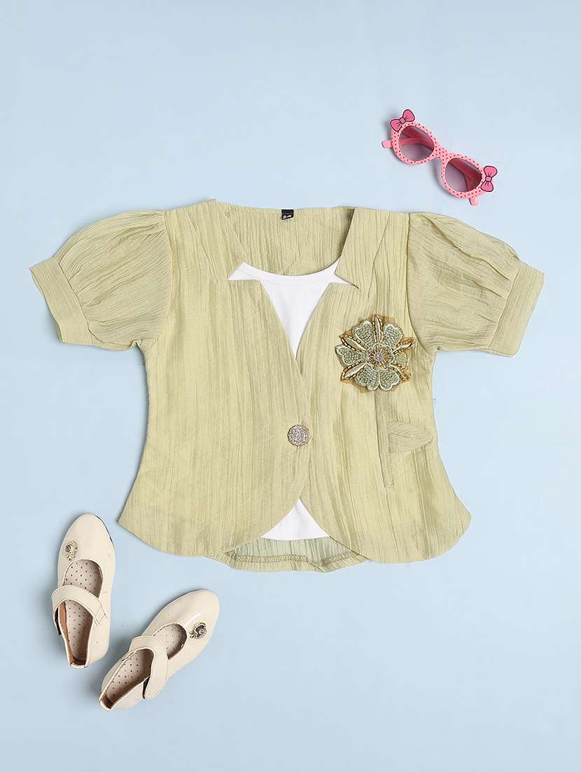 girls embroidered puff sleeves round neck top - 22357112 -  Standard Image - 1
