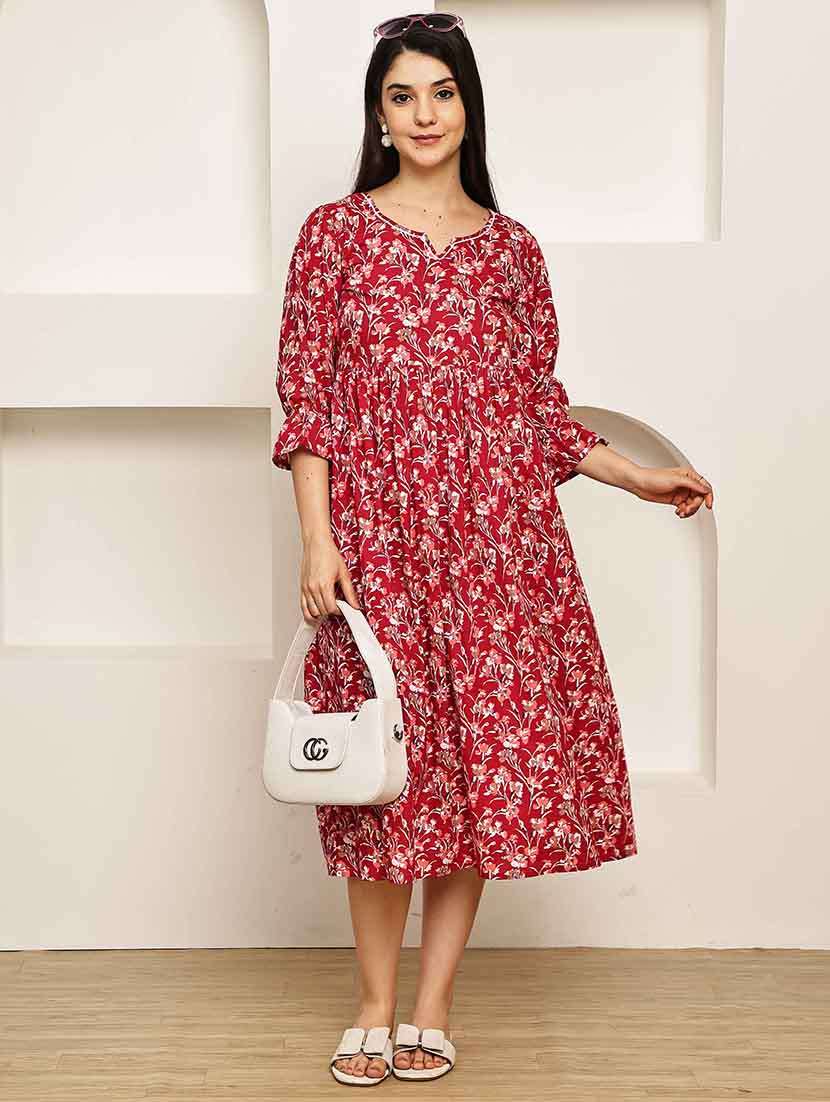 women floral printed three quarter sleeve ethnic dress