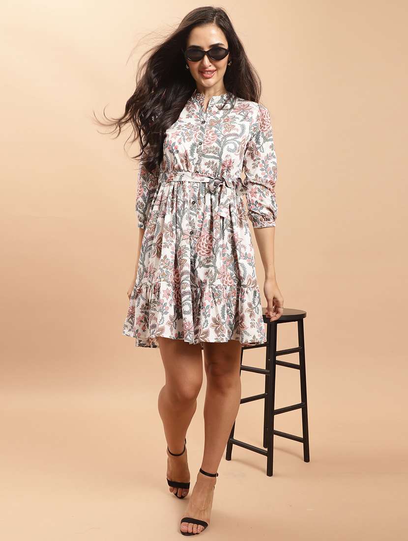women floral three quarter sleeve tiered dress