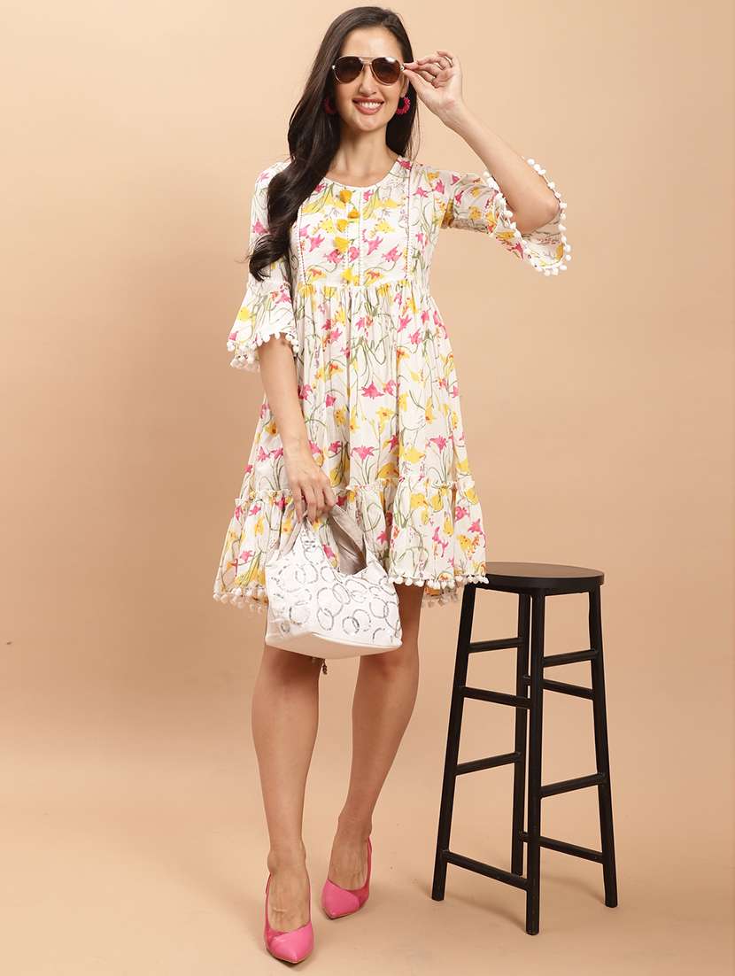 women floral three quarter sleeve tiered dress