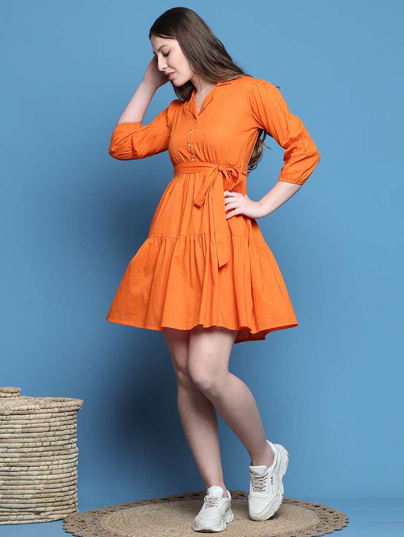 women solid three quarter sleeve tiered dress - 22357805 -  Standard Image - 1