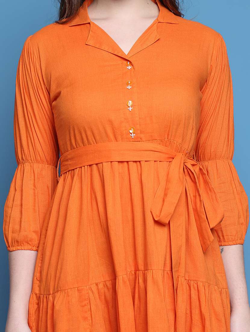 women solid three quarter sleeve tiered dress - 22357805 -  Standard Image - 4