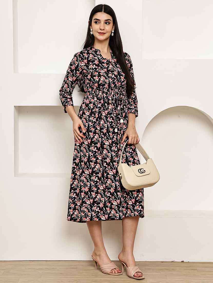 women floral three quarter sleeve a-line ethnic dress