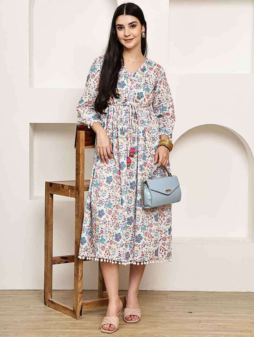women floral three quarter sleeve ethnic dress