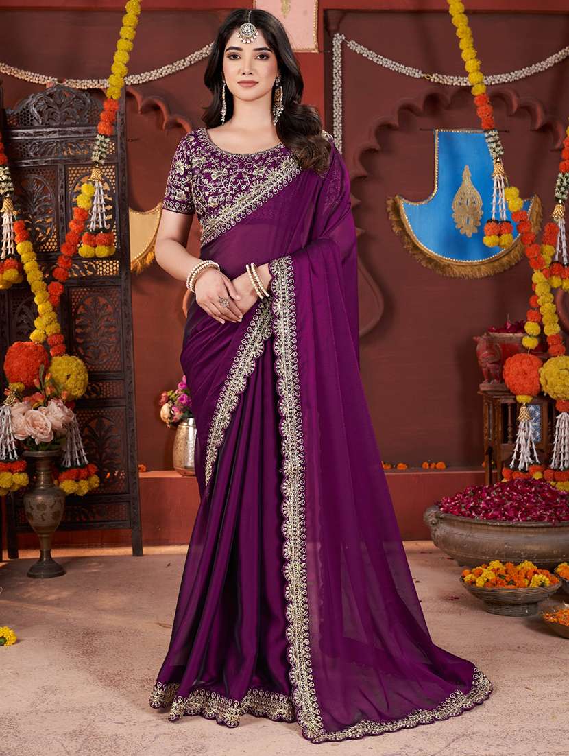 women solid with bordered saree with blouse - 22357835 -  Standard Image - 1