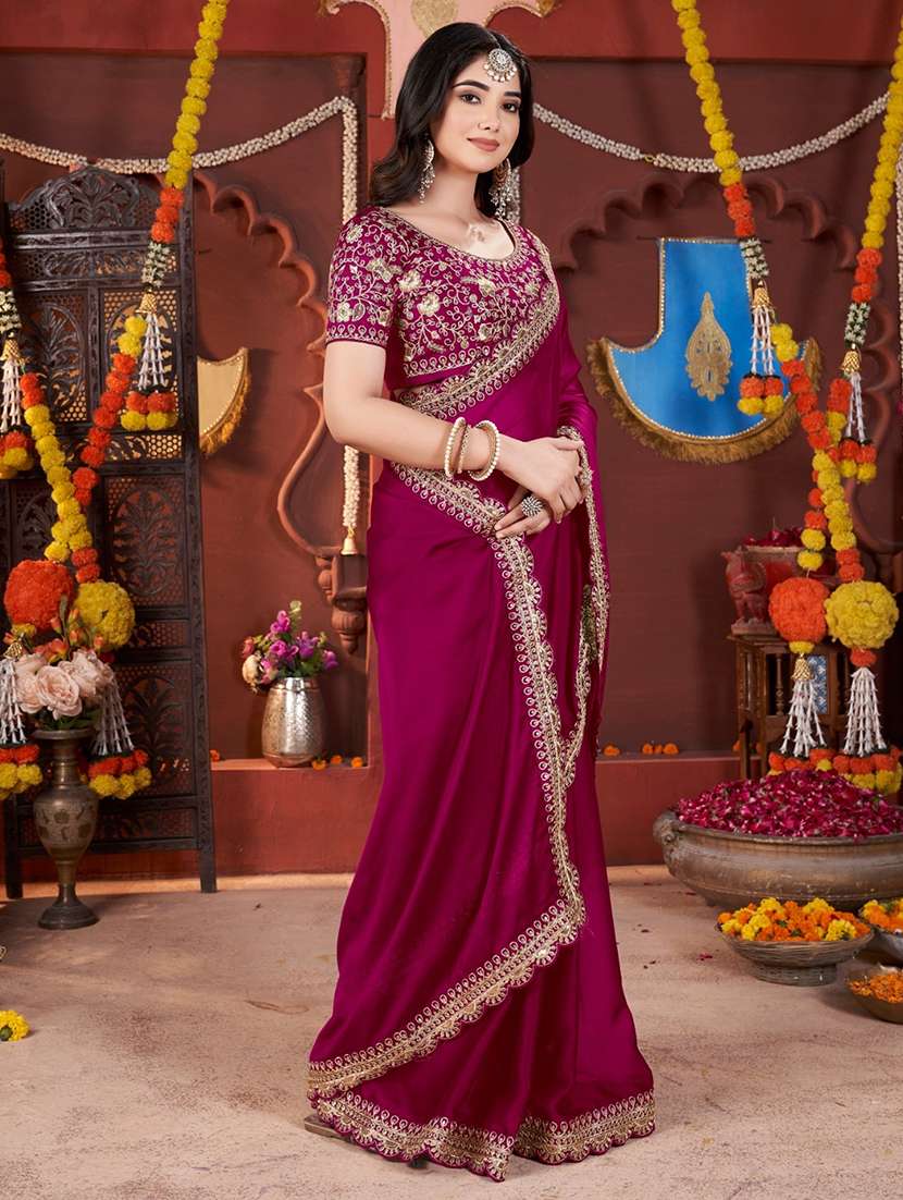 Women Solid With Bordered Saree With Blouse - 22357836 -  Standard Image - 1