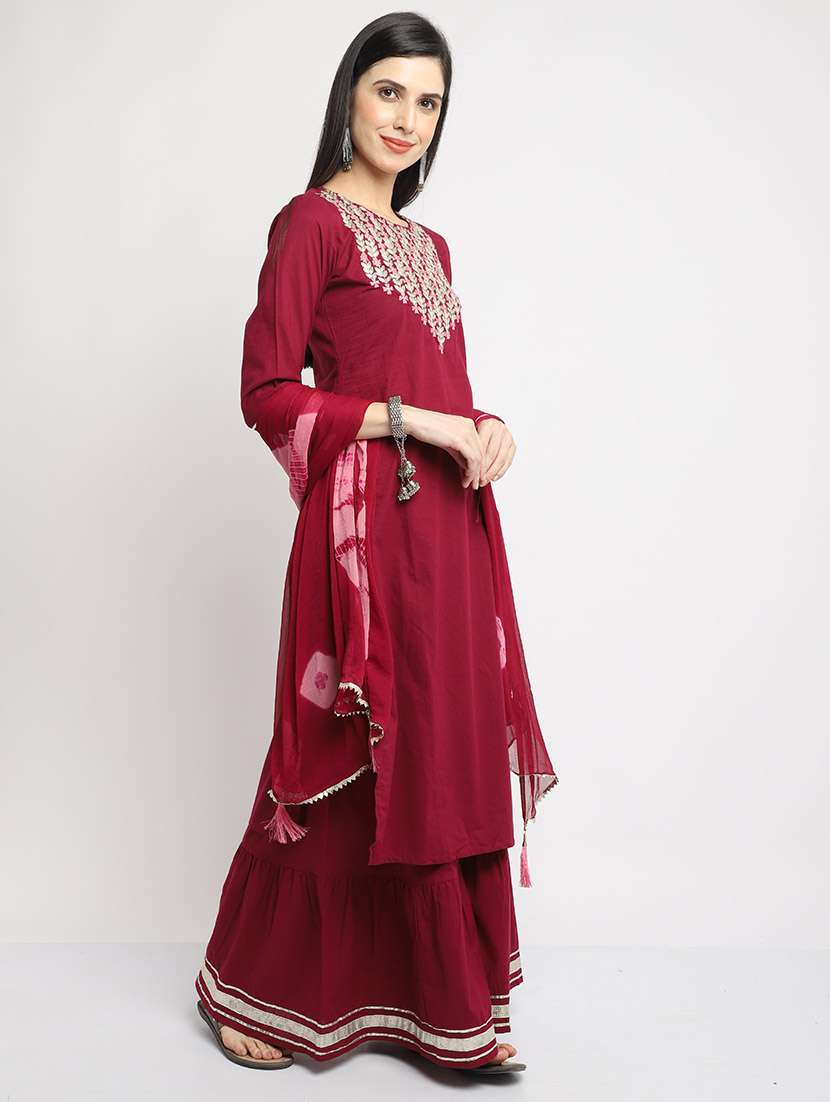women solid with work three quarter sleeve kurta sharara with dupatta set - 22357927 -  Standard Image - 1