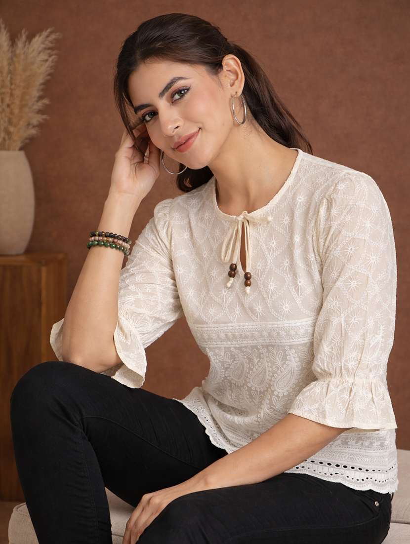 women embroidered puff sleeve straight top - 22357983 -  Standard Image - 1