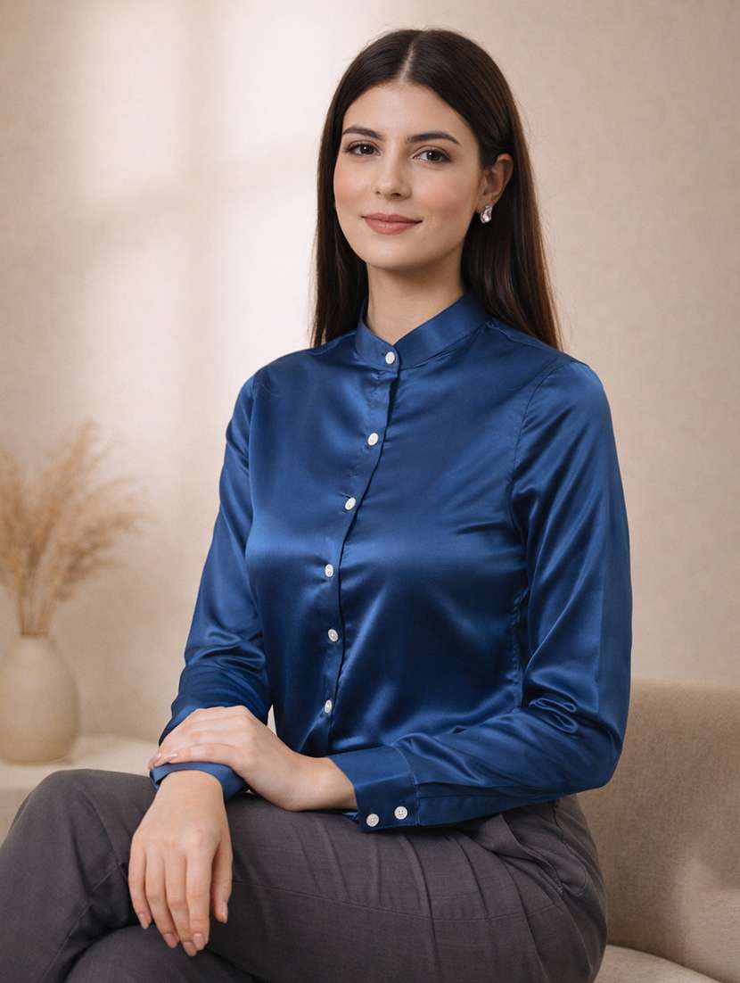 women solid mandarin neck long sleeve shirt - 22357993 -  Standard Image - 1