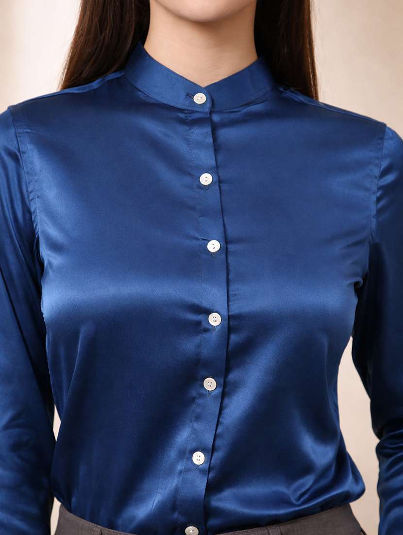 women solid mandarin neck long sleeve shirt - 22357993 -  Standard Image - 4