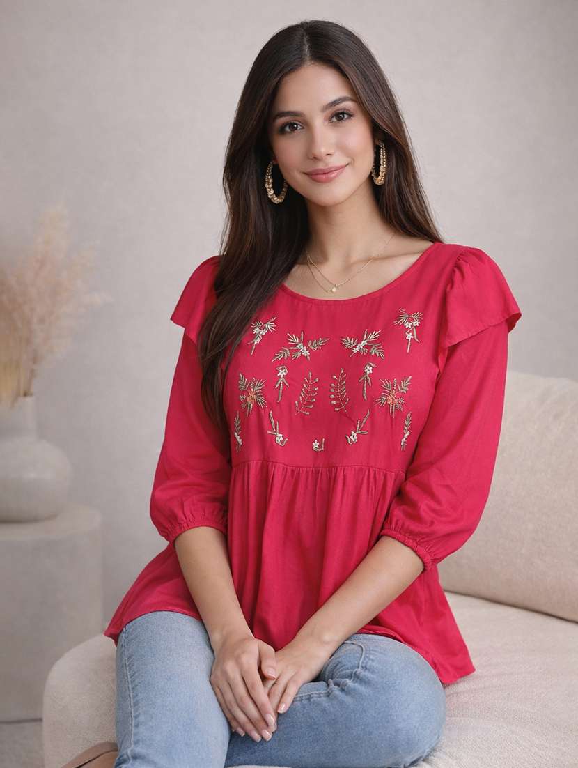 women embroidered round neck peplum top