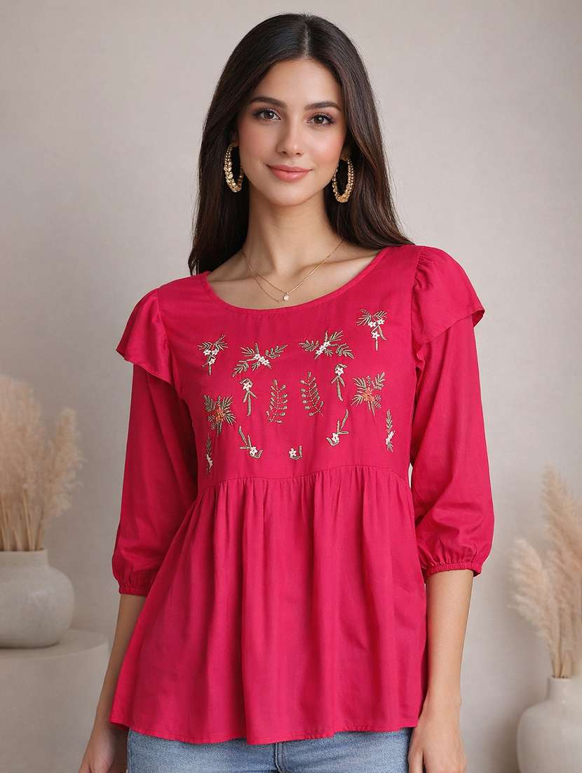 women embroidered round neck peplum top - 22357995 -  Standard Image - 1