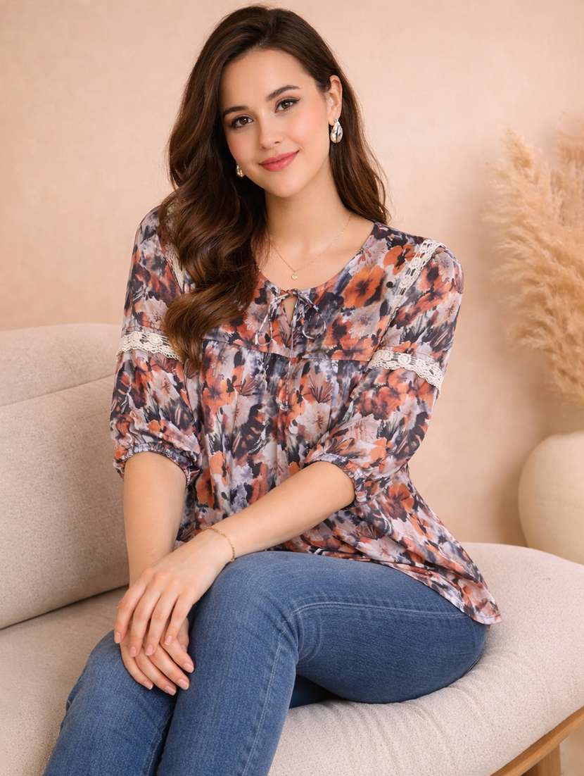 women floral print puff sleeve a-line top - 22357998 -  Standard Image - 1