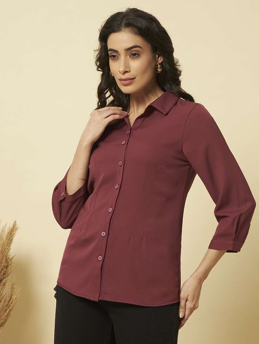 women solid collared three quarter sleeve shirt - 22357999 -  Standard Image - 1
