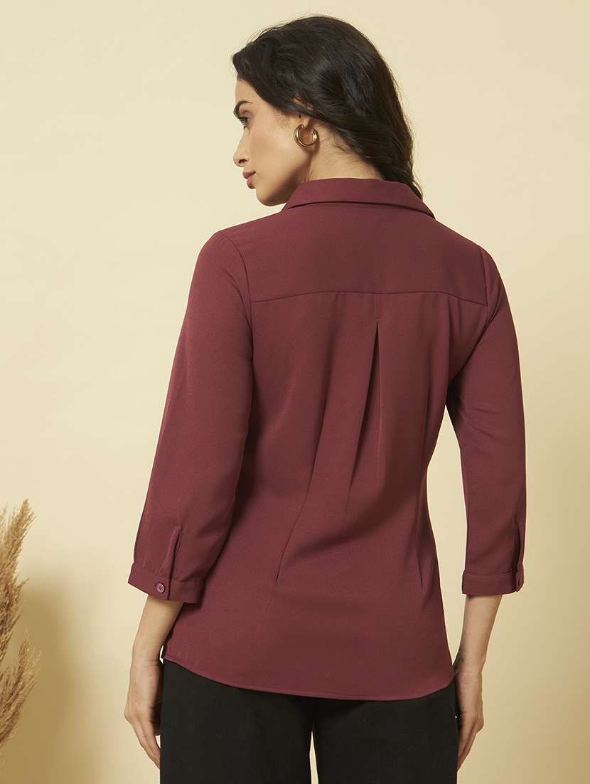 women solid collared three quarter sleeve shirt - 22357999 -  Standard Image - 4