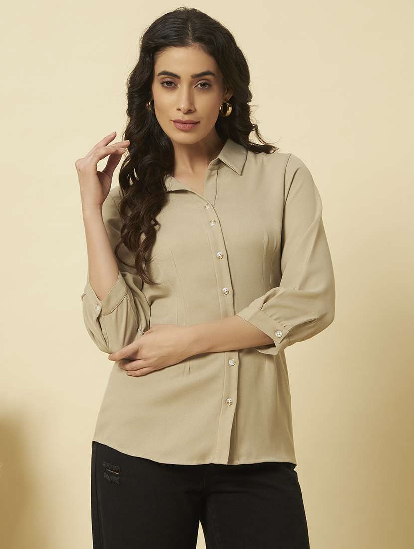women solid collared three quarter sleeve shirt - 22358000 -  Standard Image - 1
