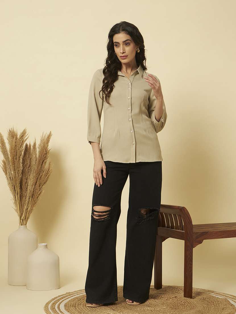 women solid collared three quarter sleeve shirt - 22358000 -  Standard Image - 6