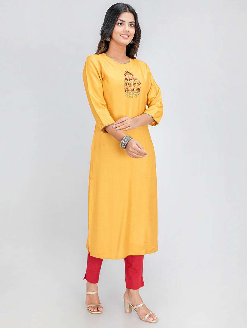 women solid with work three quarter sleeve straight kurta - 22358066 -  Standard Image - 1
