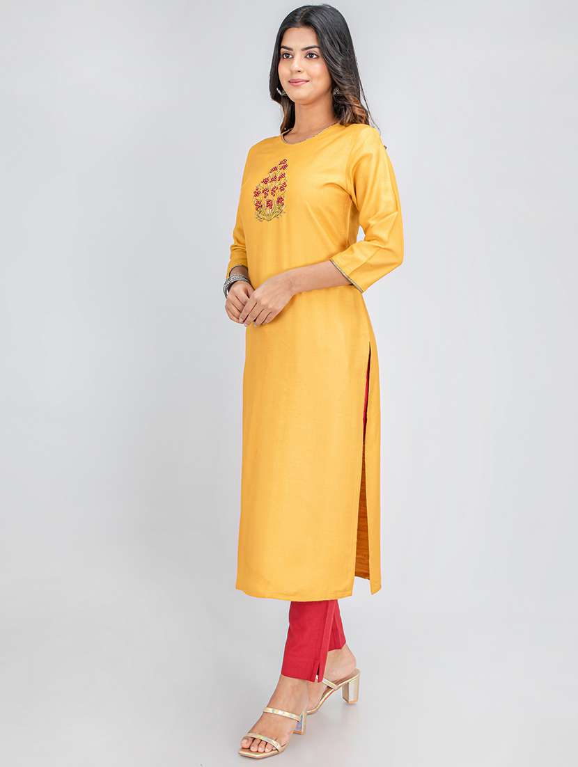 women solid with work three quarter sleeve straight kurta - 22358066 -  Standard Image - 4