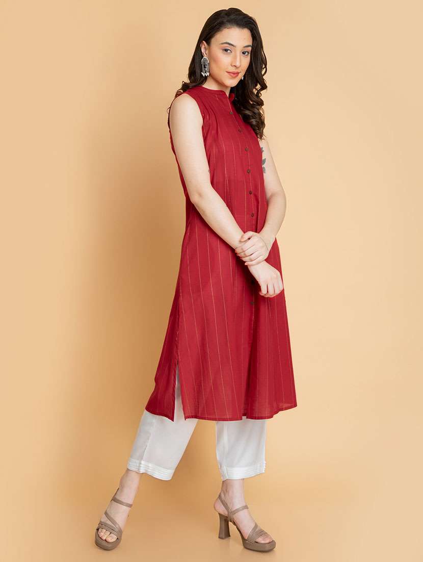 women striped sleeveless a-line kurta - 22358070 -  Standard Image - 1