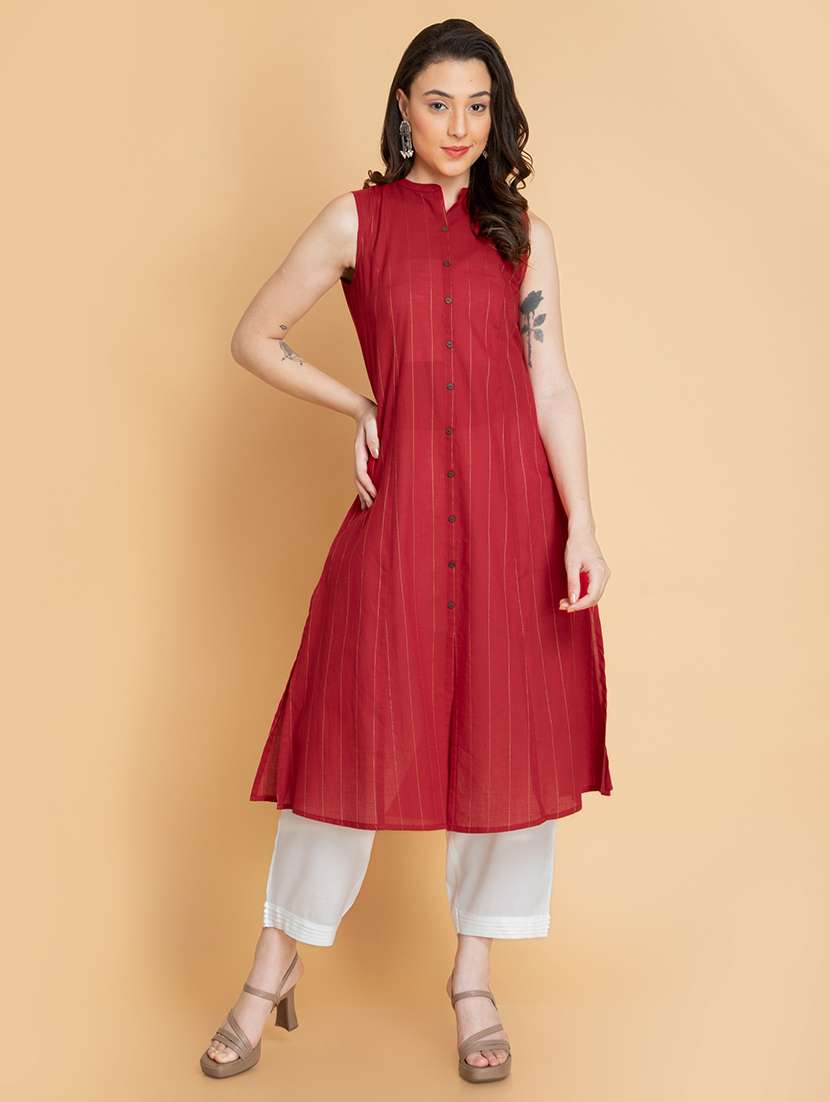 women striped sleeveless a-line kurta - 22358070 -  Standard Image - 4