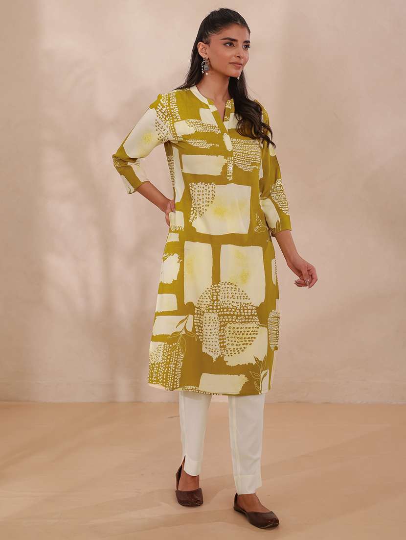 women printed three quarter sleeve straight kurta - 22358076 -  Standard Image - 1