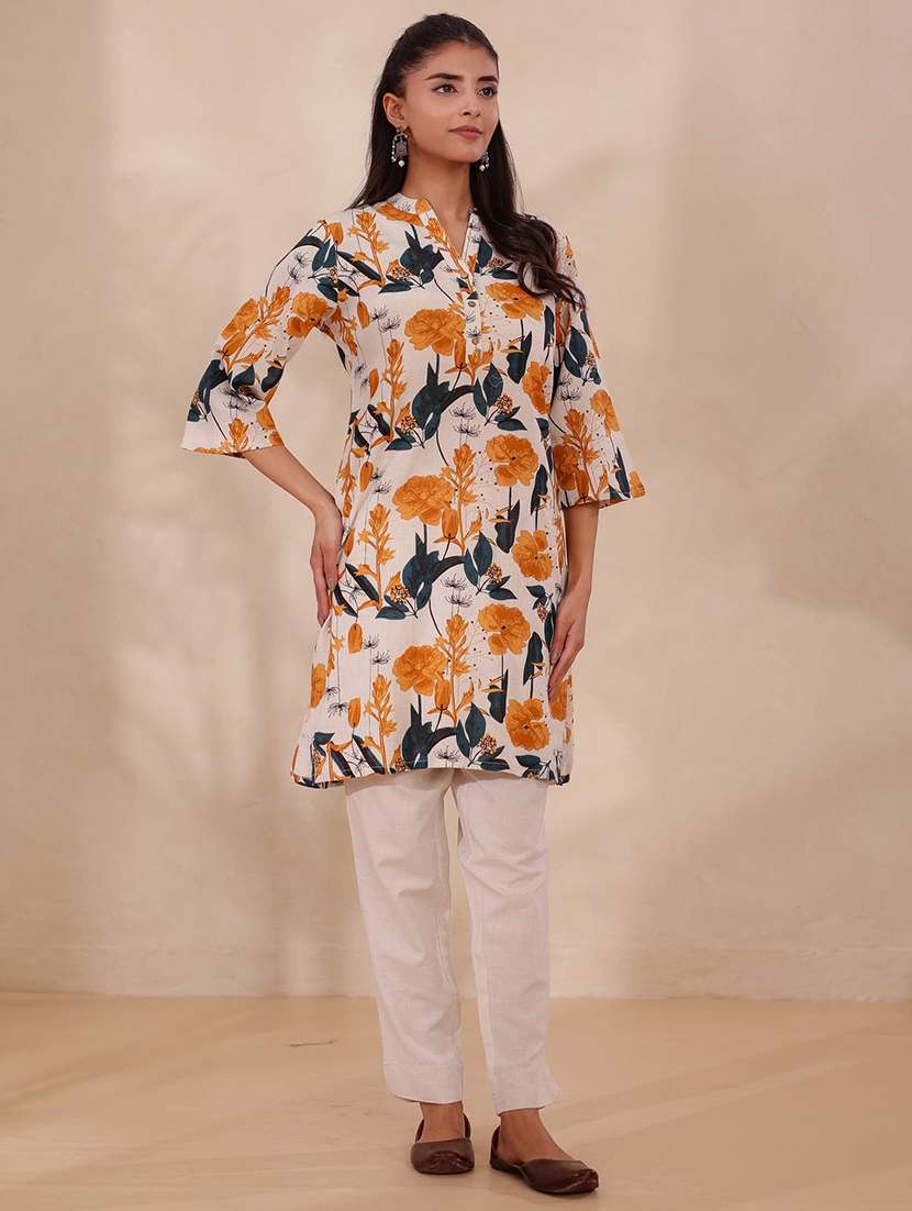 women floral printed three quarter sleeve straight kurta - 22358080 -  Standard Image - 1