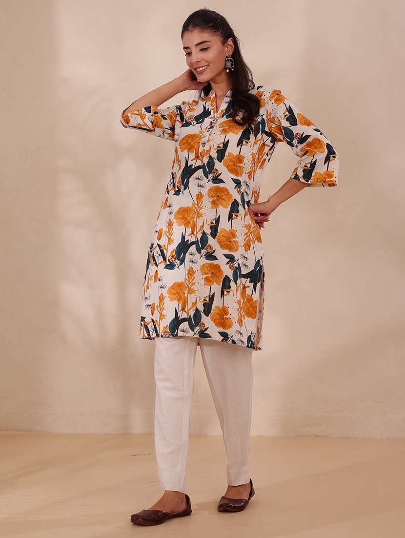 women floral printed three quarter sleeve straight kurta - 22358080 -  Standard Image - 4