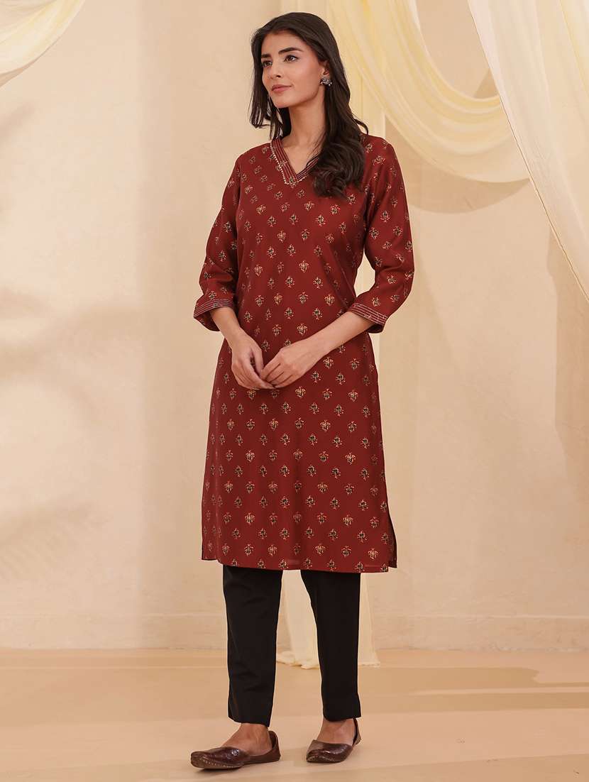 women printed three quarter sleeve straight kurta - 22358081 -  Standard Image - 1