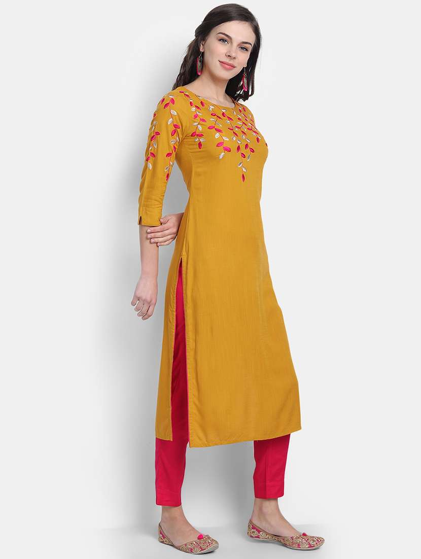 women solid with work three quarter sleeve straight kurta - 22358083 -  Standard Image - 1