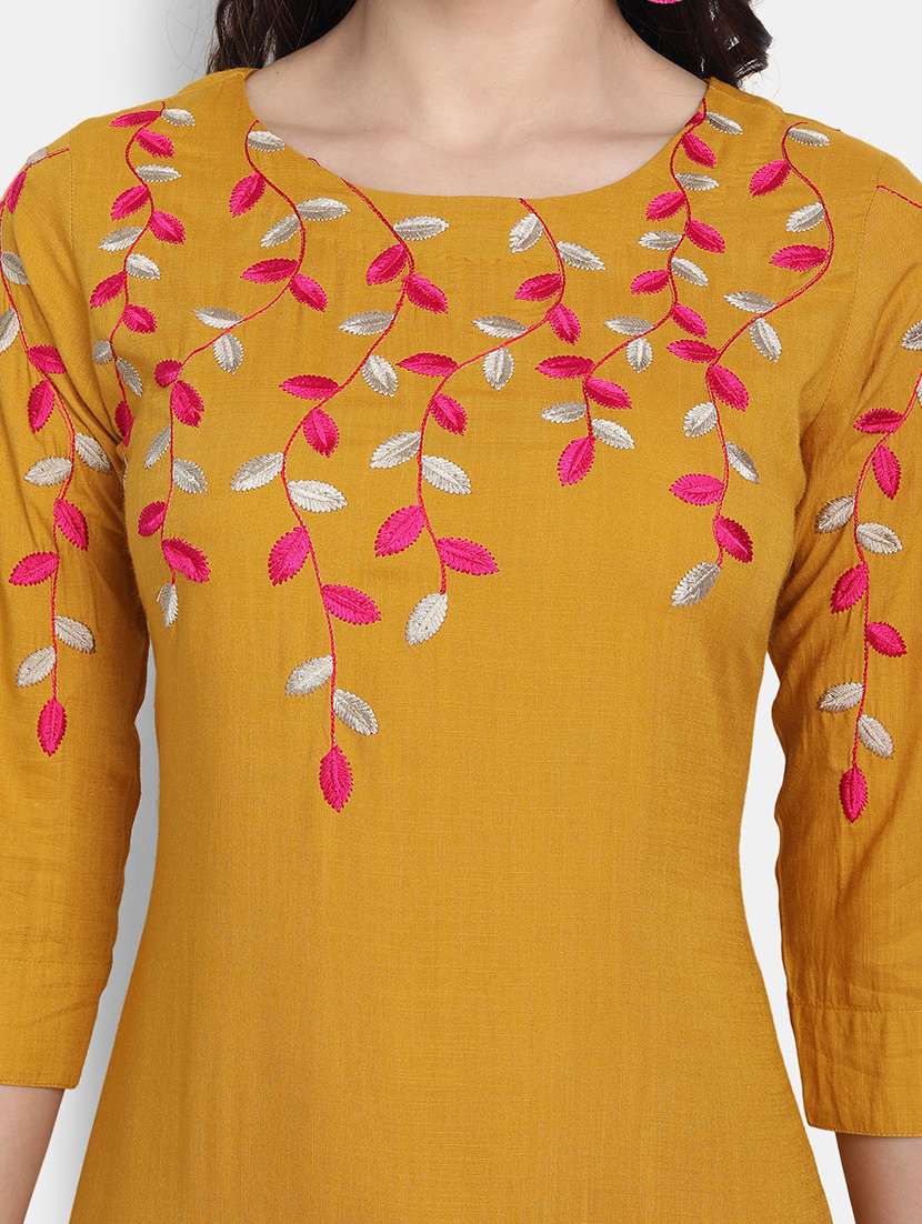 women solid with work three quarter sleeve straight kurta - 22358083 -  Standard Image - 4