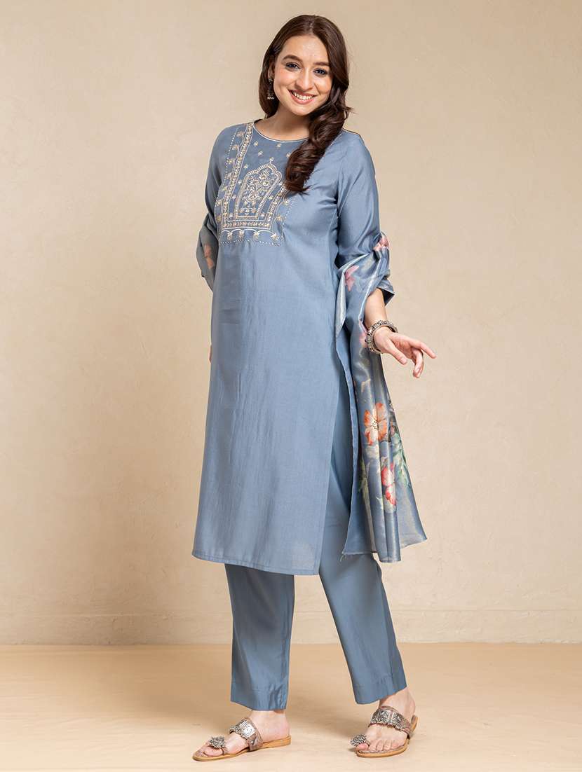 women solid with work three quarter sleeve kurta pant with dupatta set - 22358102 -  Standard Image - 1
