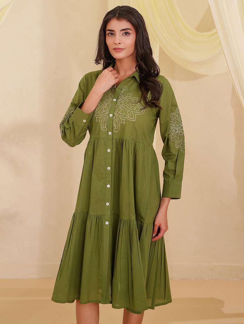 women solid with work three quarter sleeve tiered ethnic dress - 22358143 -  Standard Image - 1