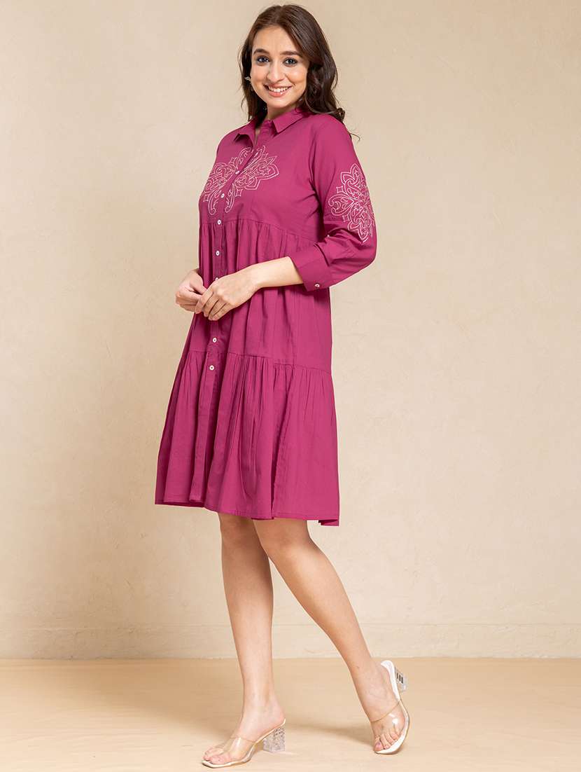women solid with work three quarter sleeve tiered ethnic dress - 22358144 -  Standard Image - 1