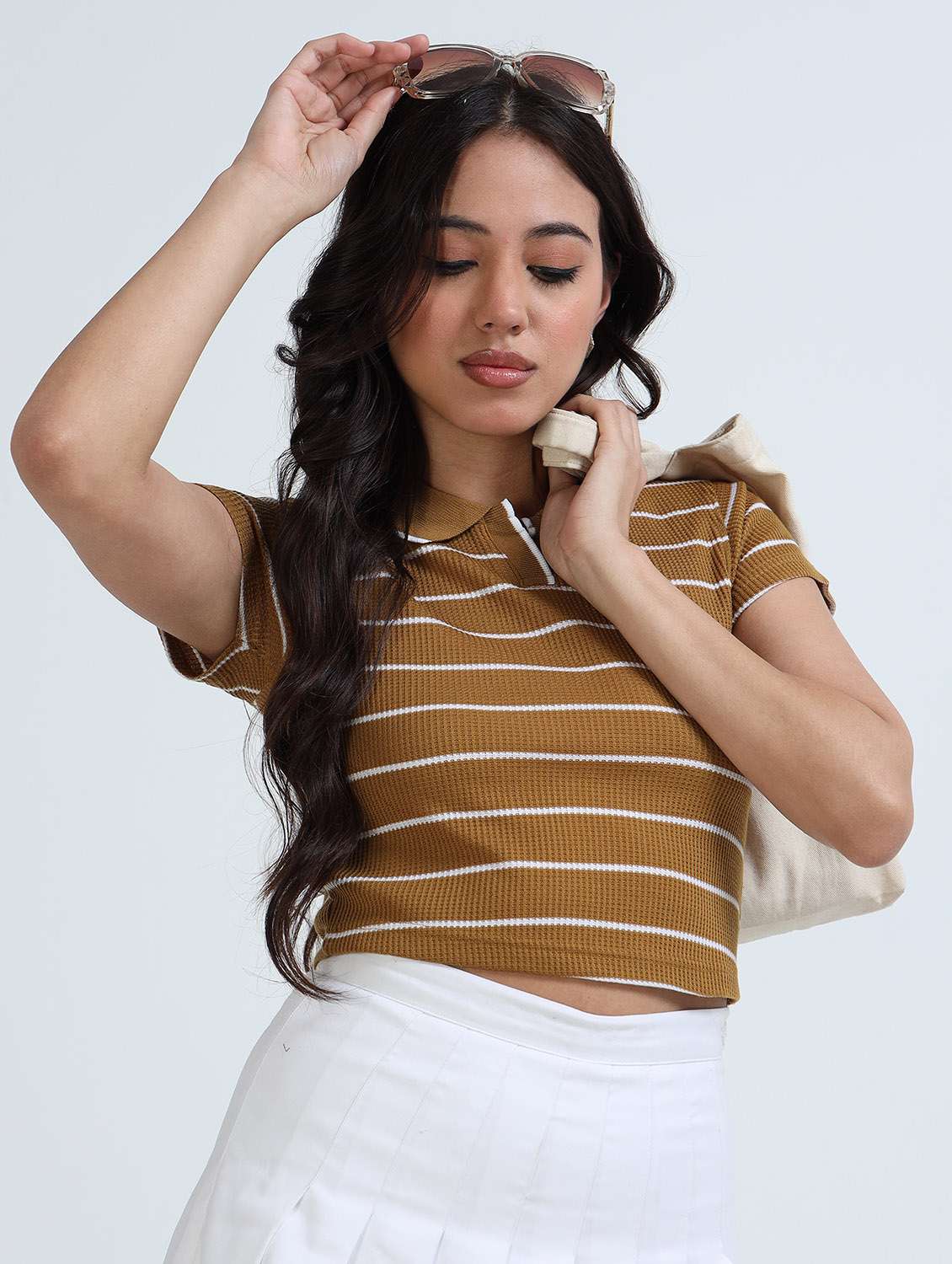 women striped short sleeve crop polo t-shirt