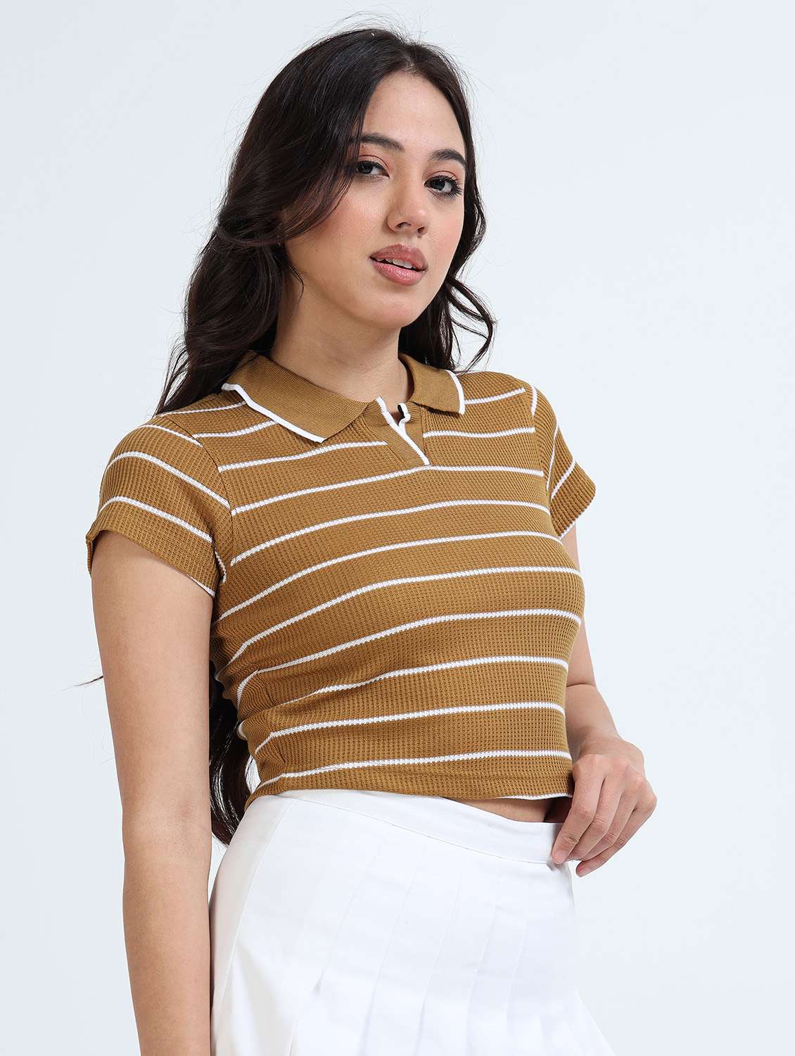 women striped short sleeve crop polo t-shirt - 22358145 -  Standard Image - 1