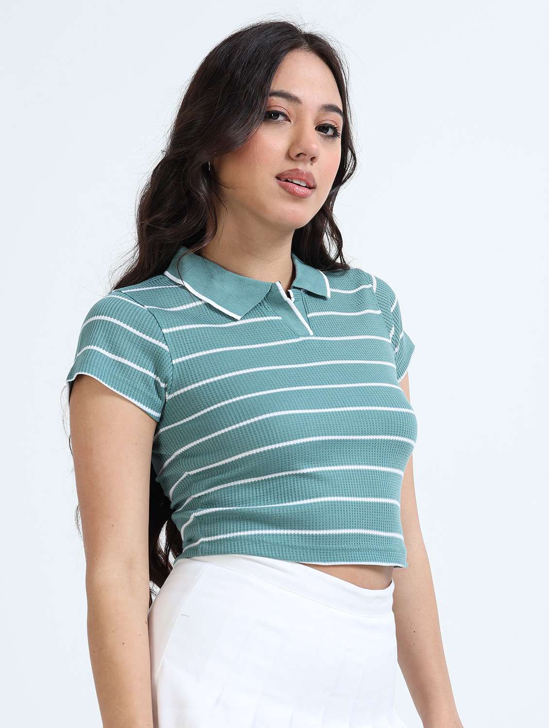 women striped short sleeve crop polo t-shirt - 22358146 -  Standard Image - 1