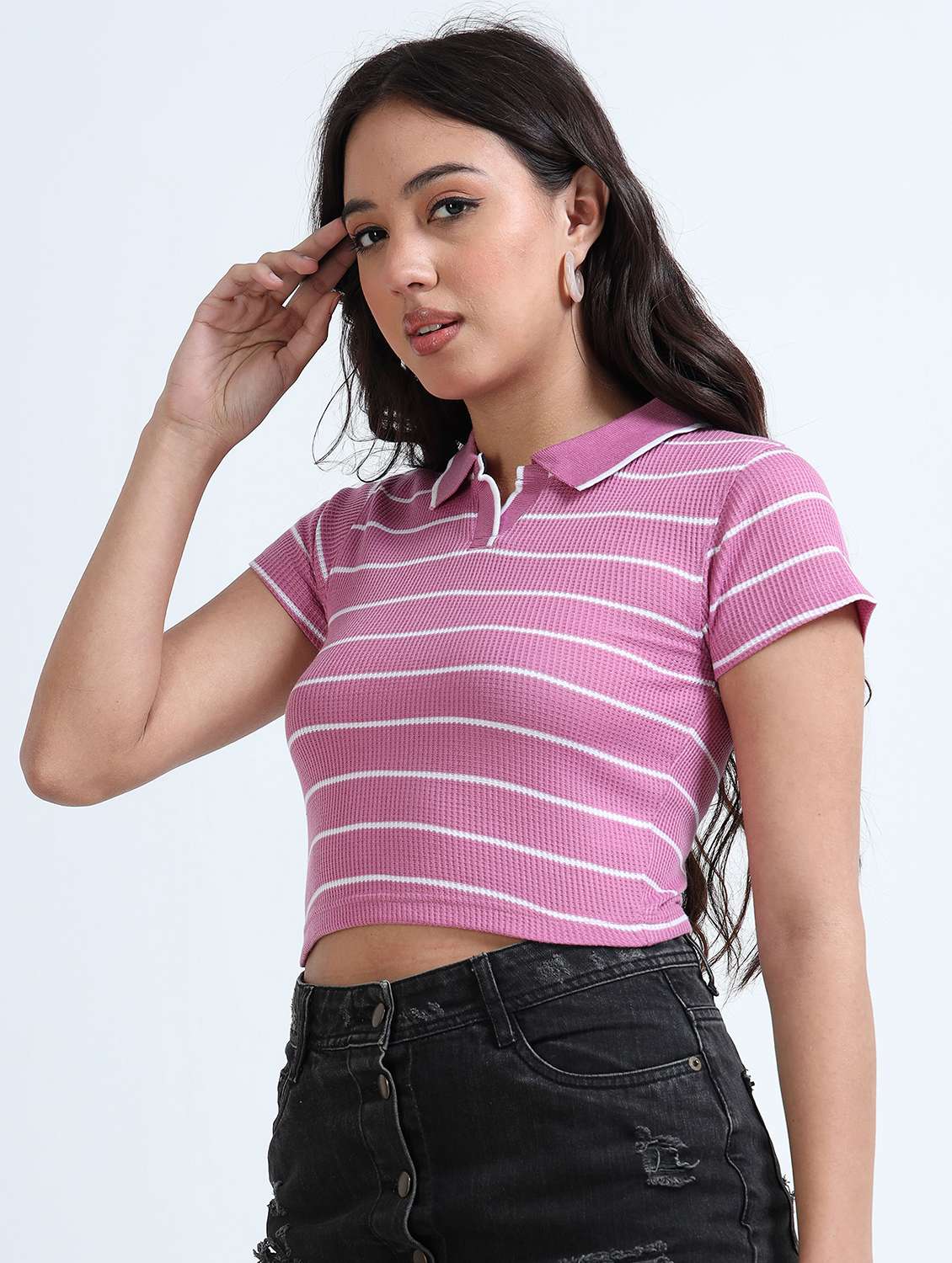 women striped short sleeve crop polo t-shirt - 22358148 -  Standard Image - 1