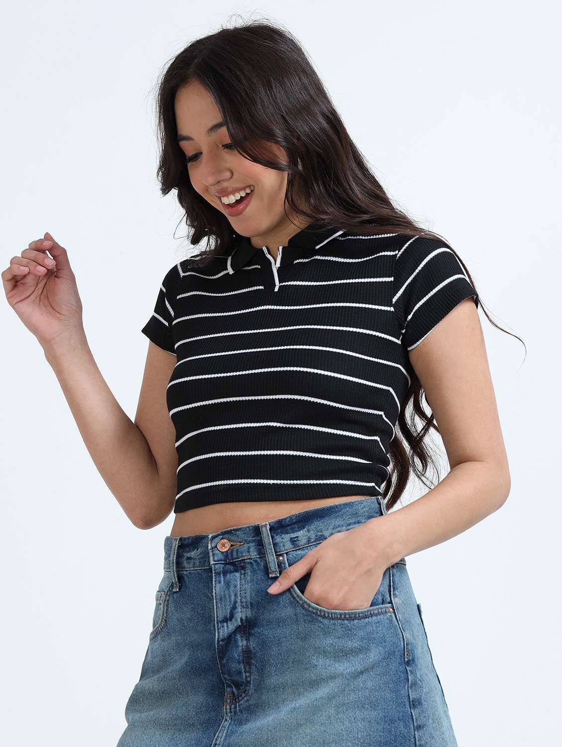 women striped short sleeve crop polo t-shirt - 22358149 -  Standard Image - 1