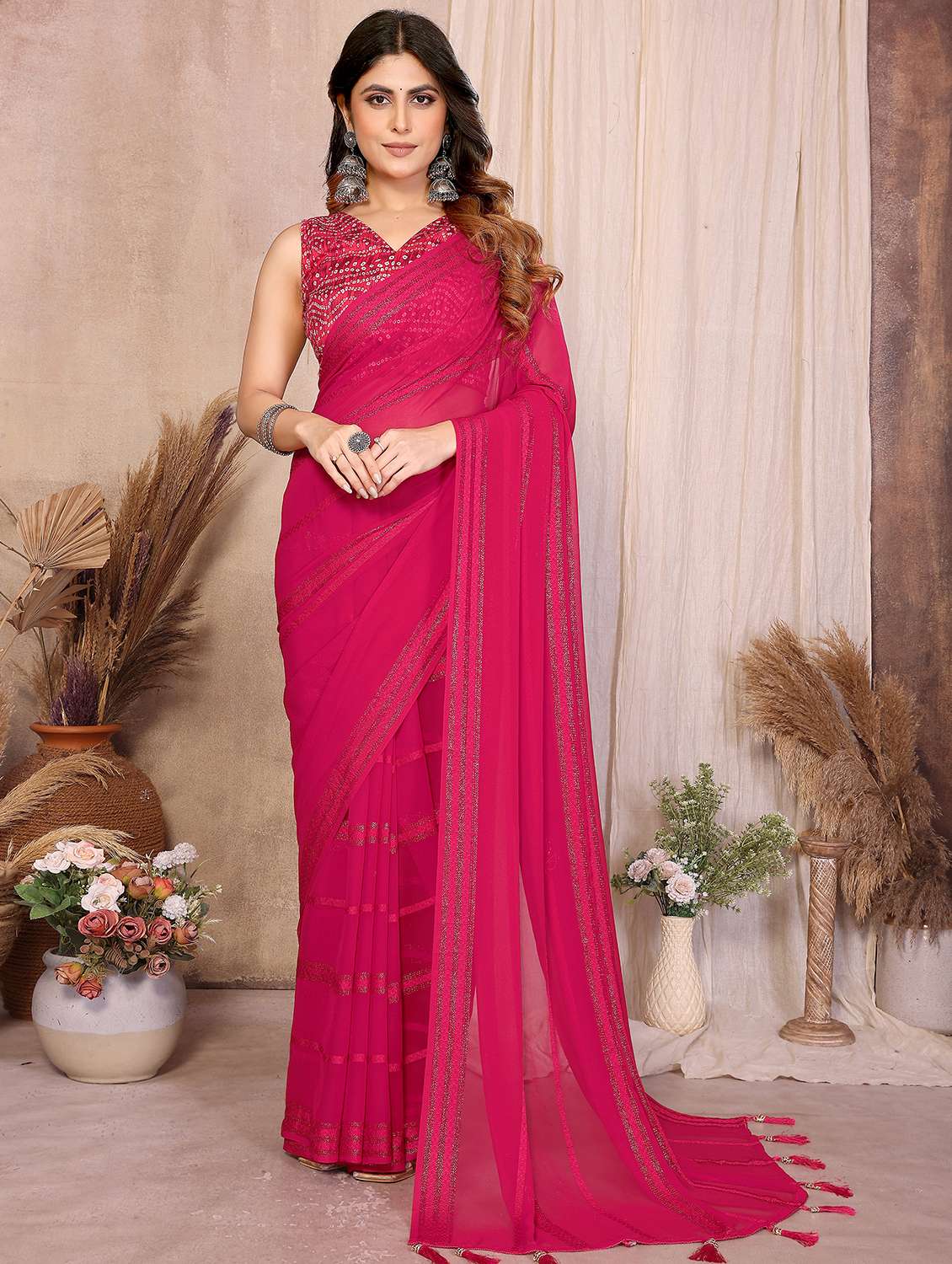 women striped embellished  saree with blouse
