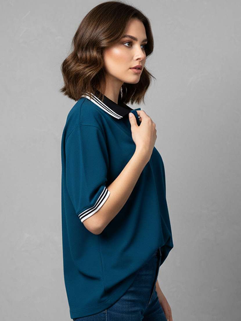 women solid short sleeve oversized polo t-shirt - 22358572 -  Standard Image - 1