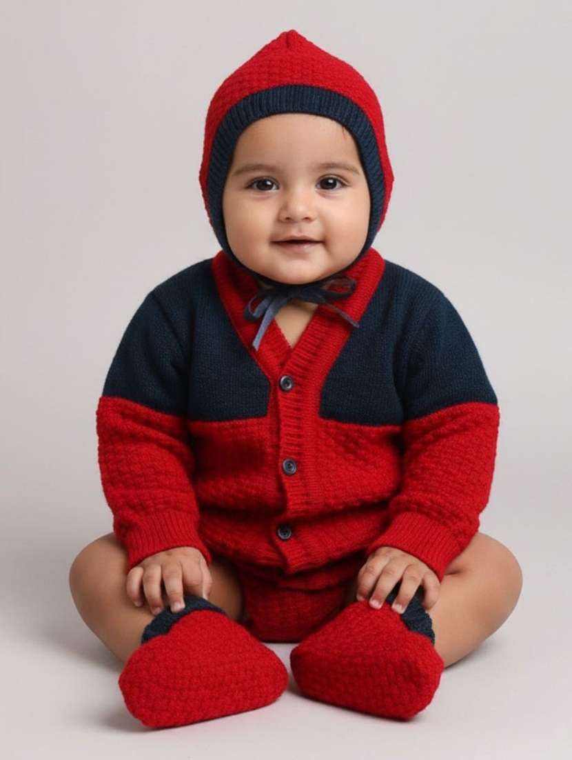 kids color blocked cardigan with woolen socks & cap - 22358632 -  Standard Image - 1
