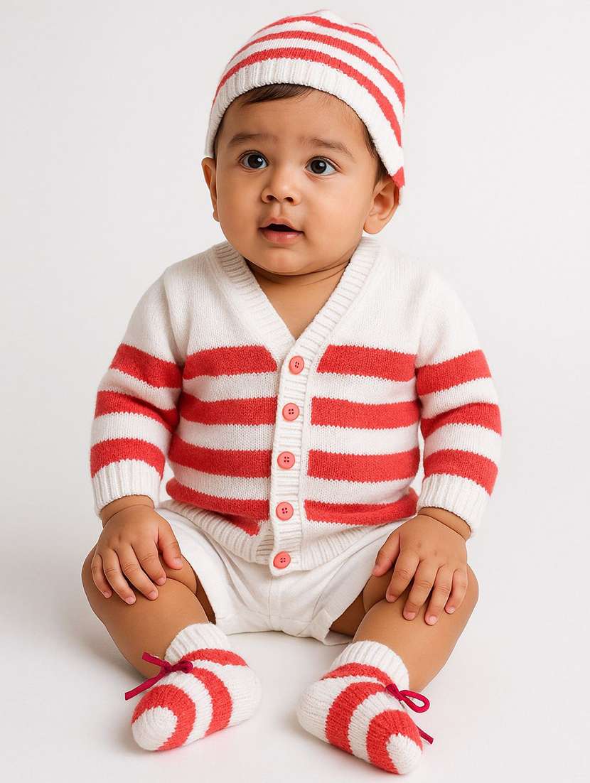 kids striped cardigan with woolen socks & cap - 22358633 -  Standard Image - 1