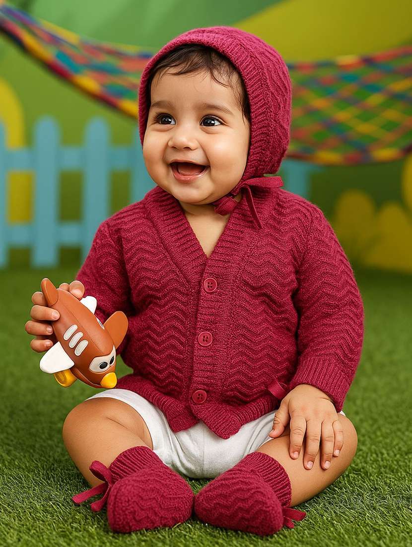 kids solid cardigan with woolen socks & cap - 22358636 -  Standard Image - 1