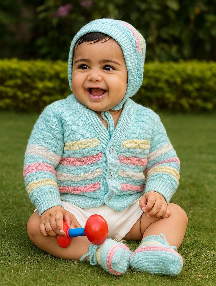 kids striped cardigan with woolen scoks & cap - 22358646 -  Standard Image - 1