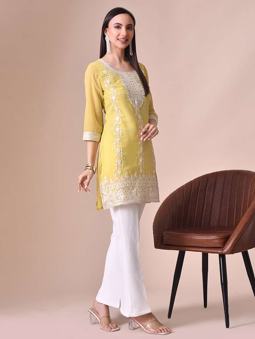 women solid with work three quarter sleeve kurta pant set - 22358701 -  Standard Image - 1