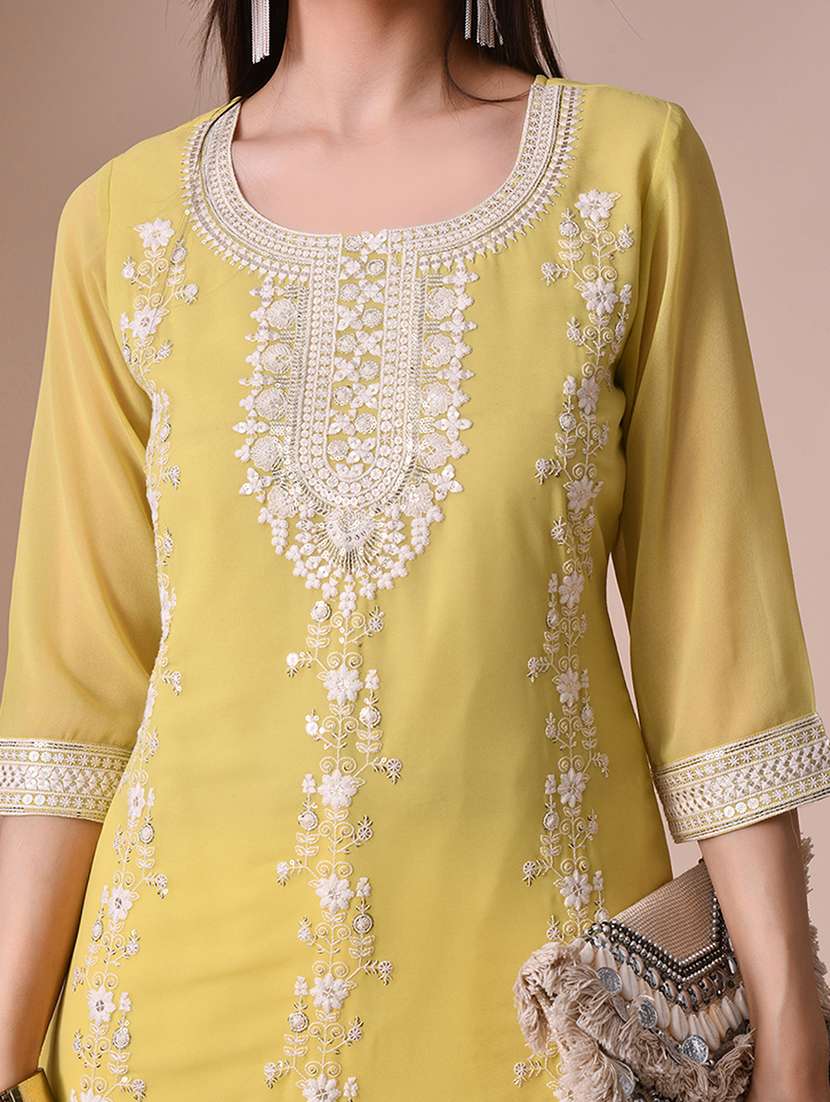 women solid with work three quarter sleeve kurta pant set - 22358701 -  Standard Image - 4
