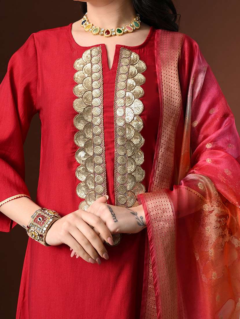 women solid with work three quarter sleeve kurta palazzo with dupatta set - 22358702 -  Standard Image - 4