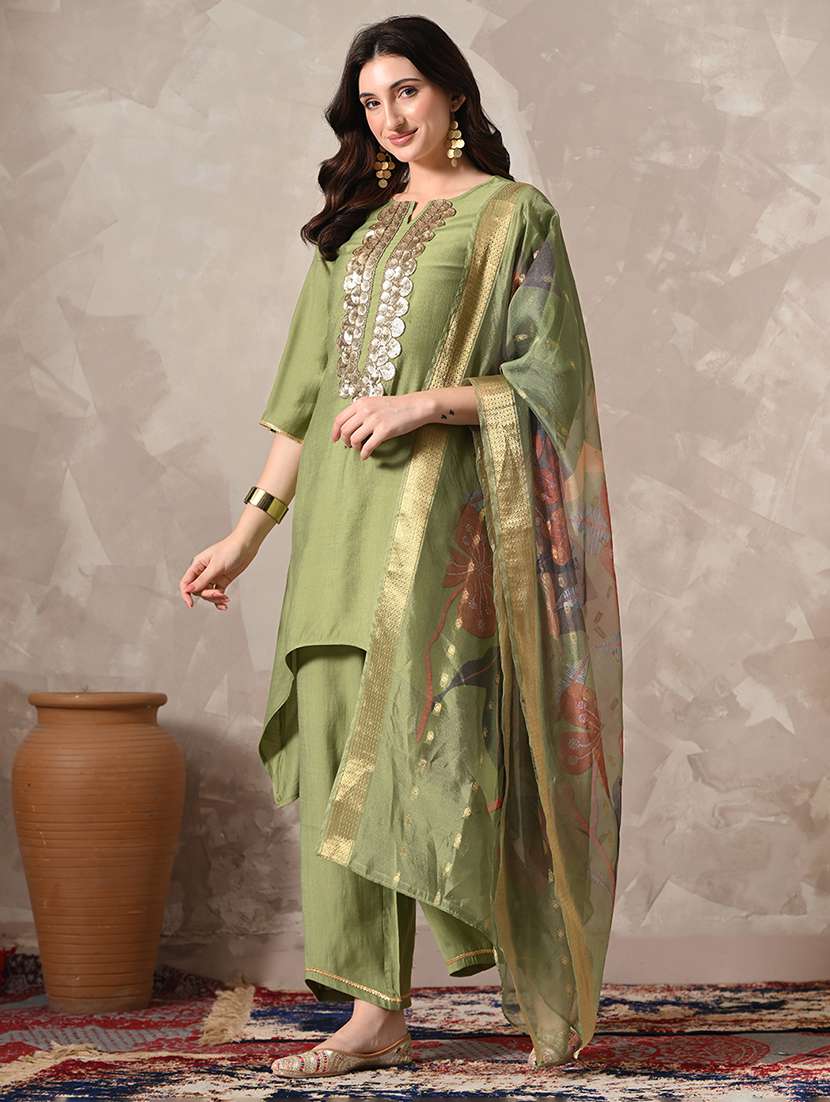 women solid with work three quarter sleeve kurta palazzo with dupatta set - 22358703 -  Standard Image - 1